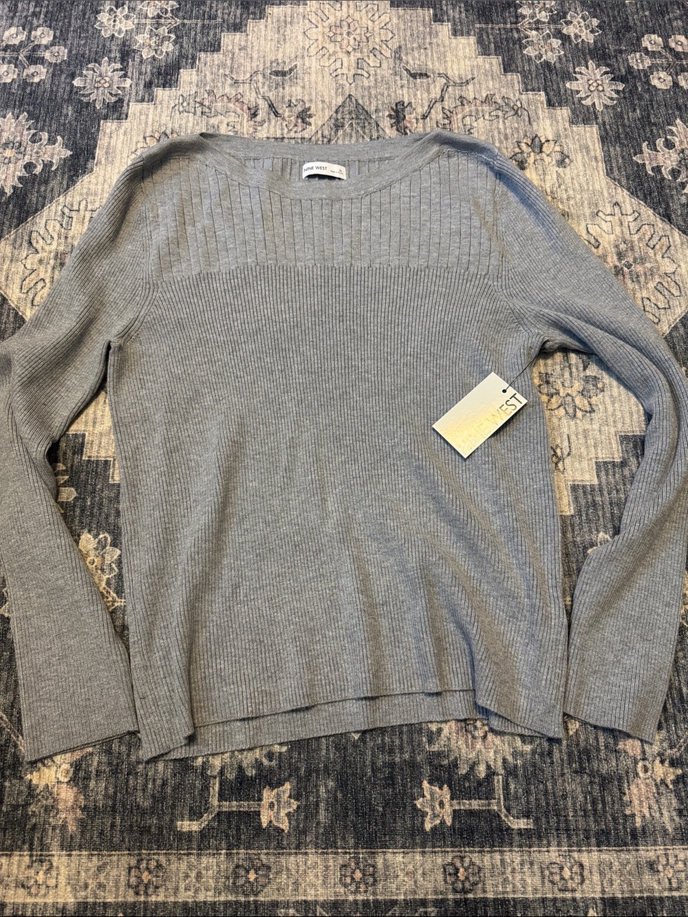 Nine West Heather Gray Ribbed Crewneck Sweater